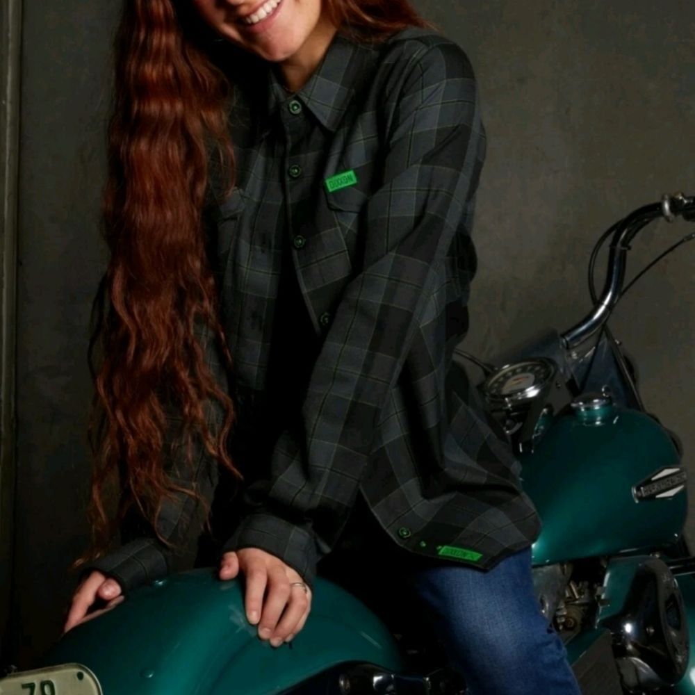 Dixxon | Adrenaline Flannel Plaid Grey Lime Green Button Down Shirt Top Women XL